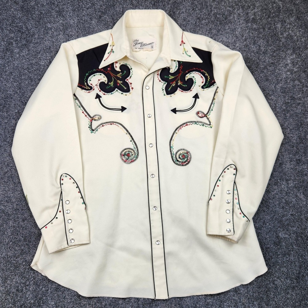 Vintage Tony Alamo of Nashville Shirt Mens Large Cream Western Pearl Snap 70s‎
